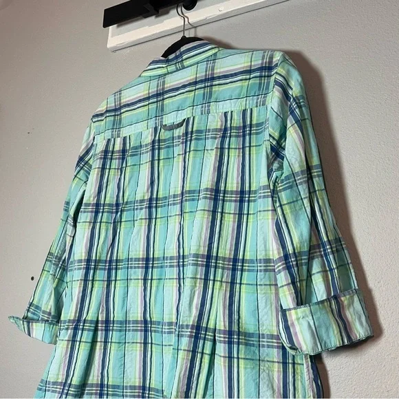 L.L. Bean Button Up Front Shirt Blouse Cotton Blue Green Plaid Size Large - Picture 7 of 9